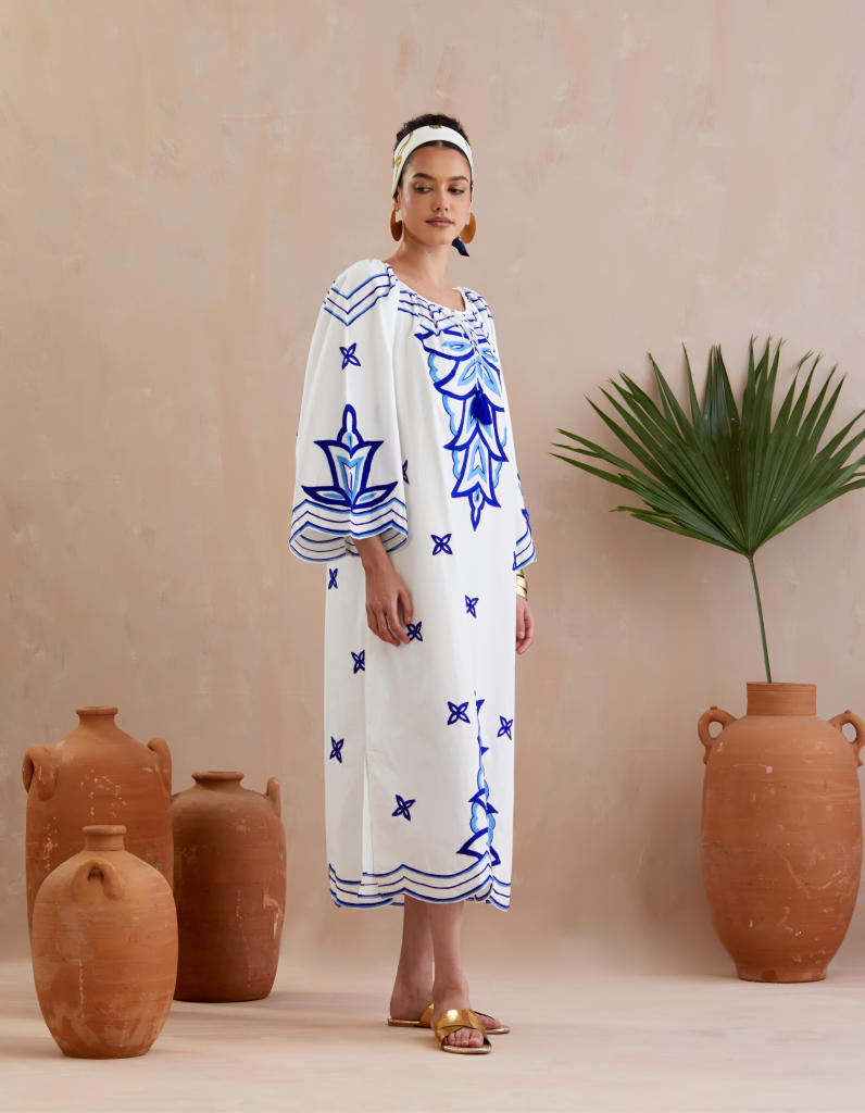 Ivory and Multi Color Azure Thread Embroidery Maxi Dress With Wide sleeve poplin Buy Ivory and Multi Color Azure Thread Embroidery Maxi Dress with Wide sleeve from C&W | Dresses for Women by Indian Summer Story in ivory color for women in Singapore