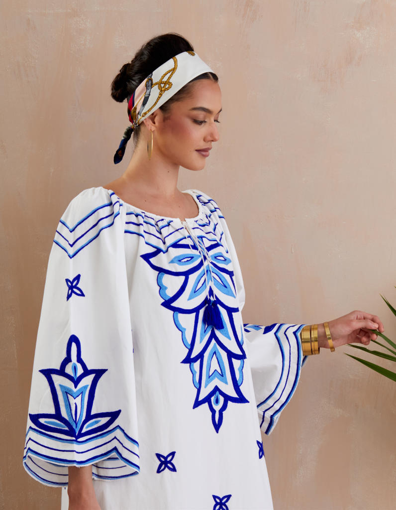 Ivory and Multi Color Azure Thread Embroidery Maxi Dress With Wide sleeve poplin Buy Ivory and Multi Color Azure Thread Embroidery Maxi Dress with Wide sleeve from C&W | Dresses for Women by Indian Summer Story in ivory color for women in Singapore