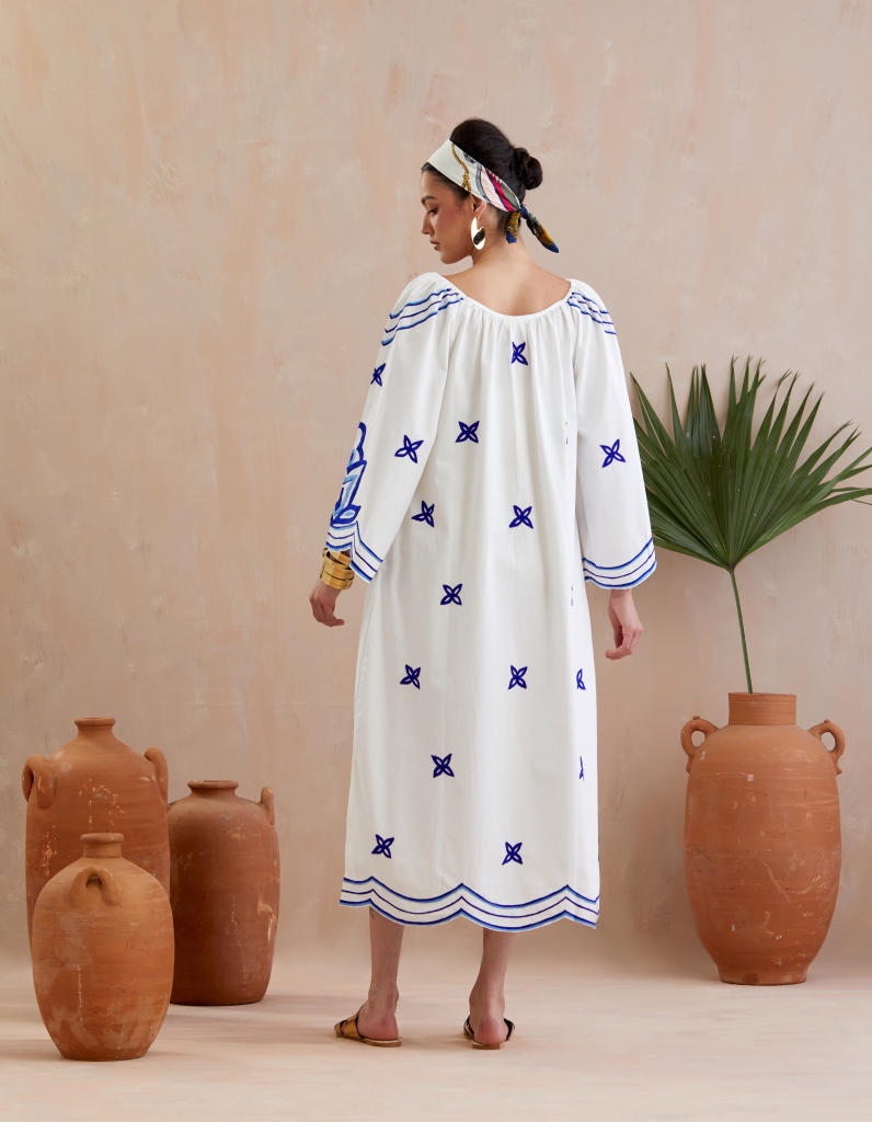 Ivory and Multi Color Azure Thread Embroidery Maxi Dress With Wide sleeve poplin Buy Ivory and Multi Color Azure Thread Embroidery Maxi Dress with Wide sleeve from C&W | Dresses for Women by Indian Summer Story in ivory color for women in Singapore