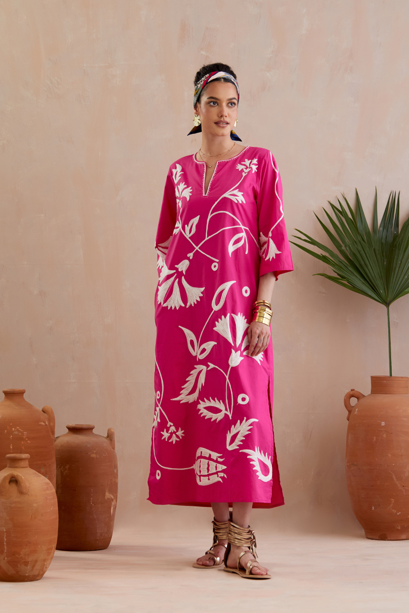 Fuschia and Ivory Thread Embroidery Maxi Dress poplin Buy Fuschia and Ivory Thread Embroidery Maxi Dress from C&W | Dresses for Women by Indian Summer Story in pink color for women in Singapore