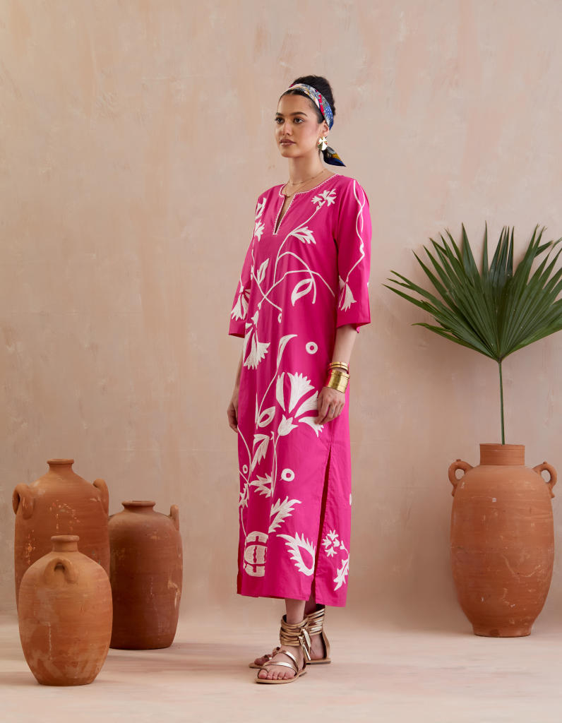 Fuschia and Ivory Thread Embroidery Maxi Dress poplin Buy Fuschia and Ivory Thread Embroidery Maxi Dress from C&W | Dresses for Women by Indian Summer Story in pink color for women in Singapore