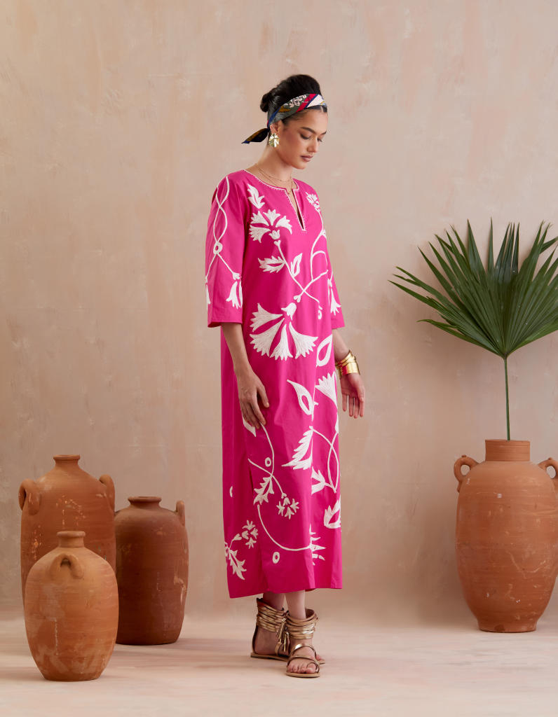Fuschia and Ivory Thread Embroidery Maxi Dress poplin Buy Fuschia and Ivory Thread Embroidery Maxi Dress from C&W | Dresses for Women by Indian Summer Story in pink color for women in Singapore