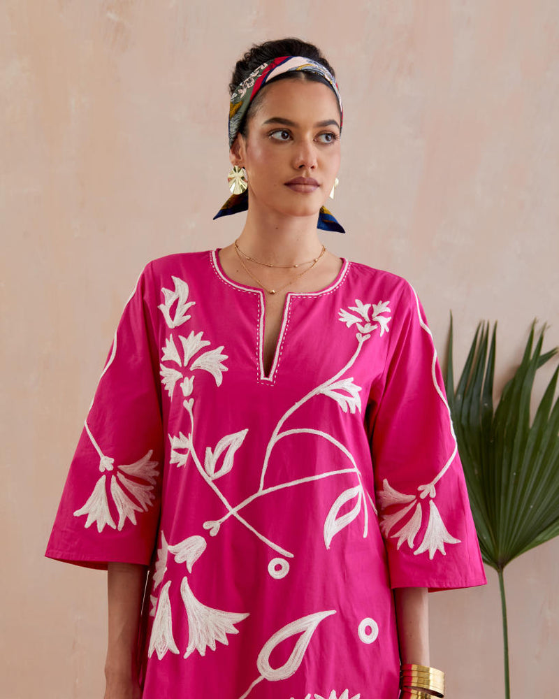 Fuschia and Ivory Thread Embroidery Maxi Dress poplin Buy Fuschia and Ivory Thread Embroidery Maxi Dress from C&W | Dresses for Women by Indian Summer Story in pink color for women in Singapore