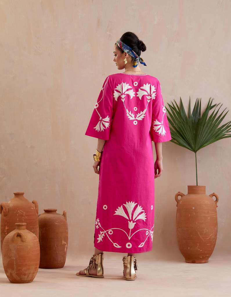 Fuschia and Ivory Thread Embroidery Maxi Dress poplin Buy Fuschia and Ivory Thread Embroidery Maxi Dress from C&W | Dresses for Women by Indian Summer Story in pink color for women in Singapore