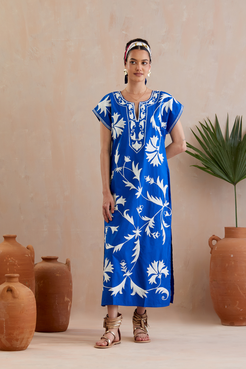 Cobalt Blue and Ivory Thread Embroidery Short Sleeve Maxi Dress poplin Buy Cobalt Blue and Ivory Thread Embroidery Short Sleeve Maxi Dress from C&W | Dresses for Women by Indian Summer Story in blue color for women in Singapore
