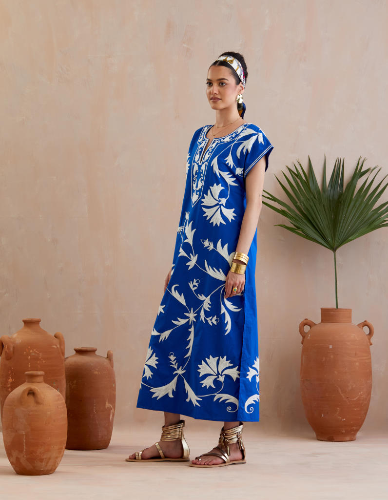 Cobalt Blue and Ivory Thread Embroidery Short Sleeve Maxi Dress poplin Buy Cobalt Blue and Ivory Thread Embroidery Short Sleeve Maxi Dress from C&W | Dresses for Women by Indian Summer Story in blue color for women in Singapore