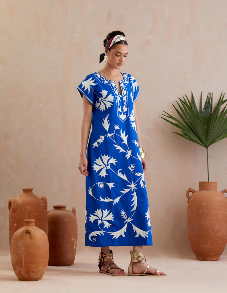Cobalt Blue and Ivory Thread Embroidery Short Sleeve Maxi Dress poplin Buy Cobalt Blue and Ivory Thread Embroidery Short Sleeve Maxi Dress from C&W | Dresses for Women by Indian Summer Story in blue color for women in Singapore