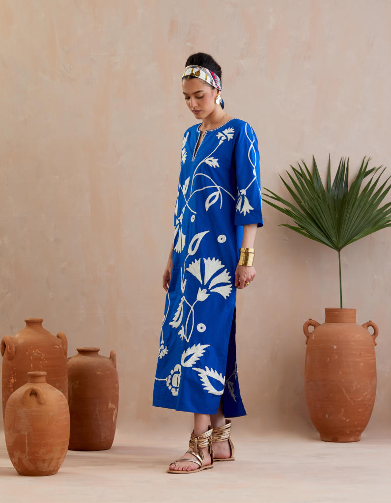 Cobalt Blue and Ivory Thread Embroidery Maxi Dress poplin Buy Cobalt Blue and Ivory Thread Embroidery Maxi Dress from C&W | Dresses for Women by Indian Summer Story in blue color for women in Singapore