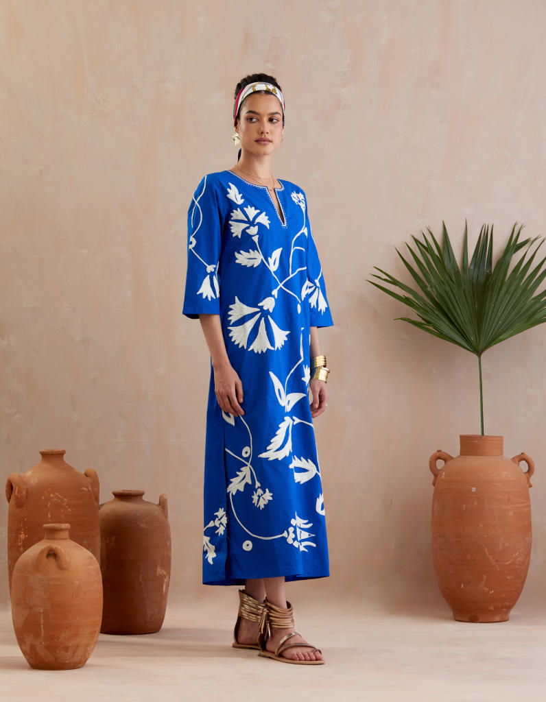 Cobalt Blue and Ivory Thread Embroidery Maxi Dress poplin Buy Cobalt Blue and Ivory Thread Embroidery Maxi Dress from C&W | Dresses for Women by Indian Summer Story in blue color for women in Singapore