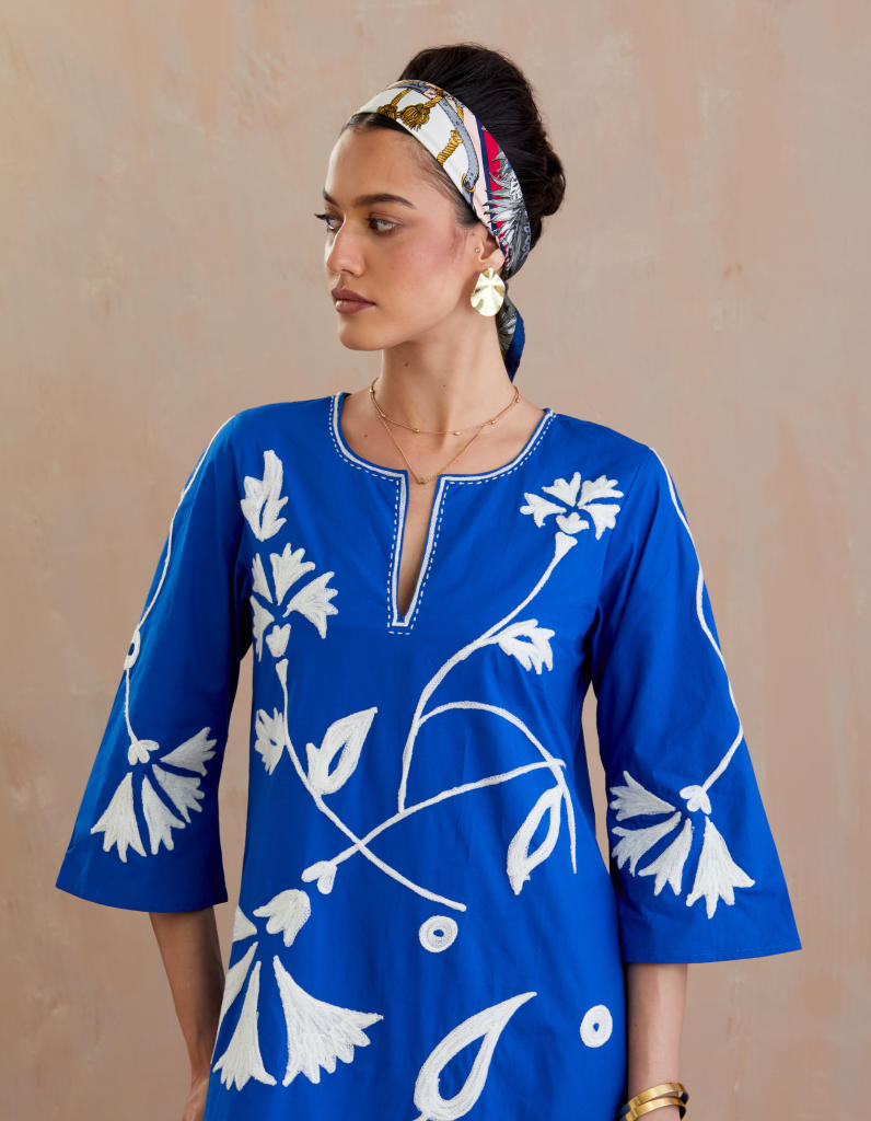 Cobalt Blue and Ivory Thread Embroidery Maxi Dress poplin Buy Cobalt Blue and Ivory Thread Embroidery Maxi Dress from C&W | Dresses for Women by Indian Summer Story in blue color for women in Singapore