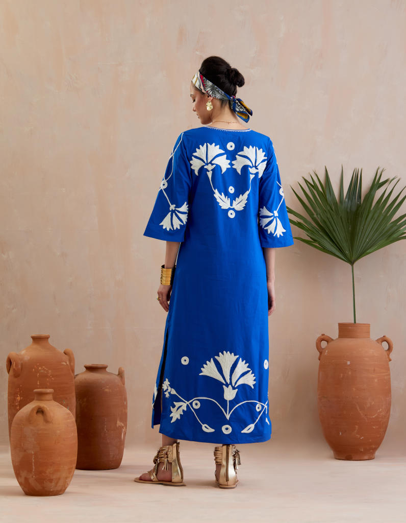 Cobalt Blue and Ivory Thread Embroidery Maxi Dress poplin Buy Cobalt Blue and Ivory Thread Embroidery Maxi Dress from C&W | Dresses for Women by Indian Summer Story in blue color for women in Singapore