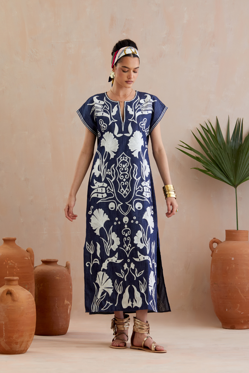 Denim and Ivory Thread Embroidery Maxi Dress poplin Buy Denim and Ivory Thread Embroidery Maxi Dress from C&W | Dresses for Women by Indian Summer Story in blue color for women in Singapore