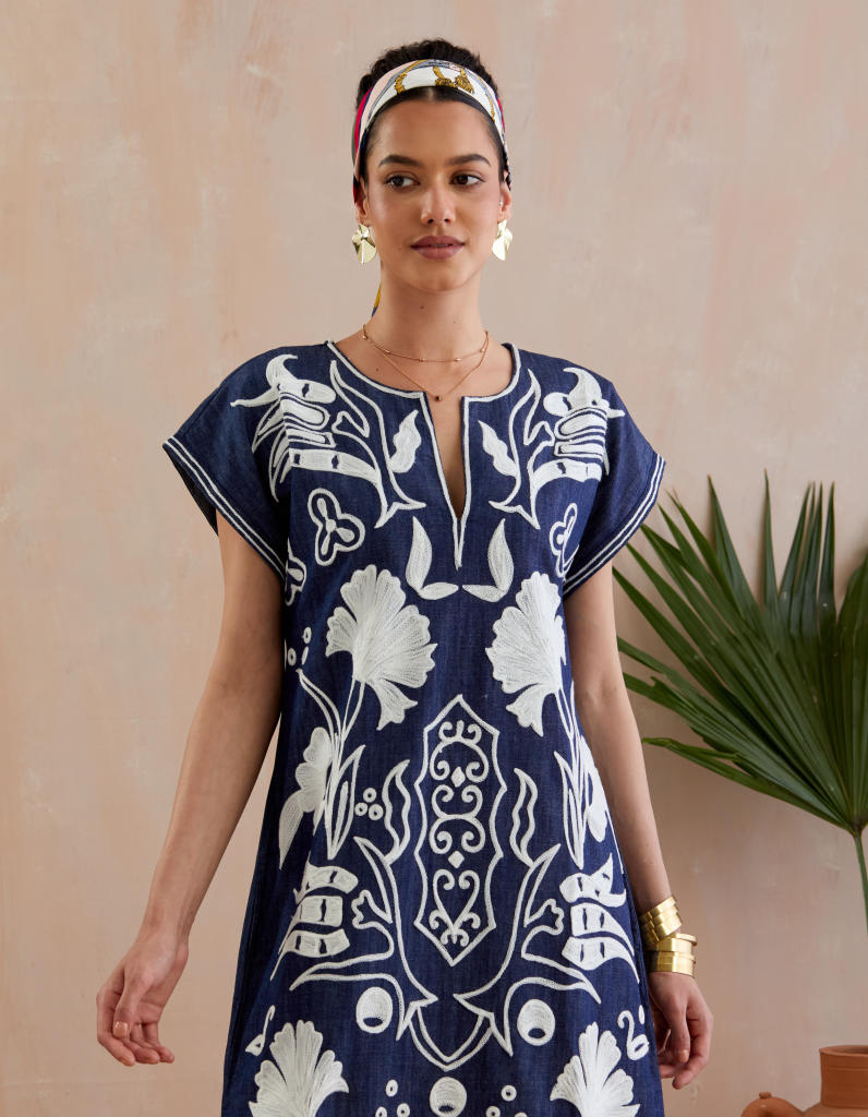 Denim and Ivory Thread Embroidery Maxi Dress poplin Buy Denim and Ivory Thread Embroidery Maxi Dress from C&W | Dresses for Women by Indian Summer Story in blue color for women in Singapore