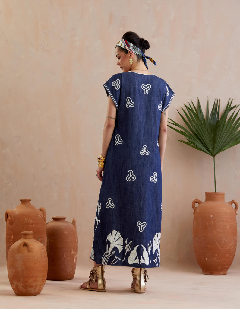 Denim and Ivory Thread Embroidery Maxi Dress poplin Buy Denim and Ivory Thread Embroidery Maxi Dress from C&W | Dresses for Women by Indian Summer Story in blue color for women in Singapore