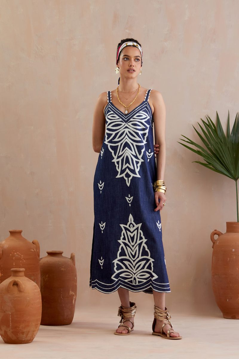 Denim and Ivory Thread Embroidery Midi Dress poplin Buy Denim and Ivory Thread Embroidery Midi Dress from C&W | Dresses for Women by Indian Summer Story in blue color for women in Singapore