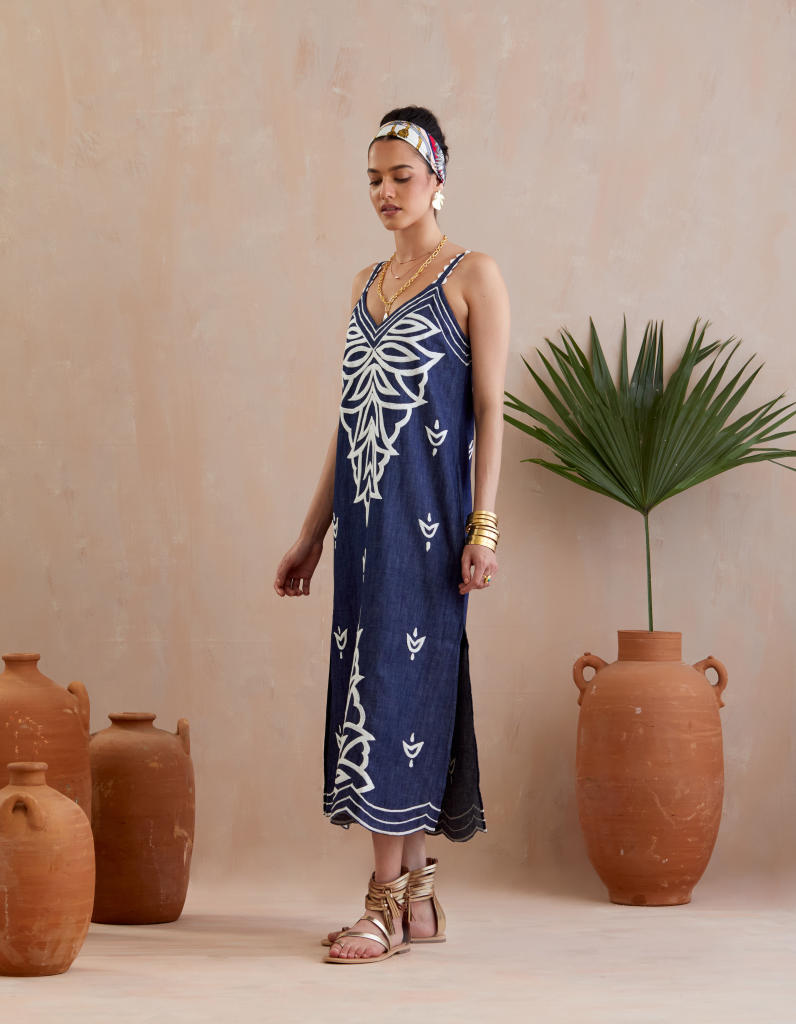 Denim and Ivory Thread Embroidery Midi Dress poplin Buy Denim and Ivory Thread Embroidery Midi Dress from C&W | Dresses for Women by Indian Summer Story in blue color for women in Singapore