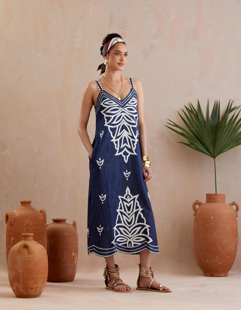 Denim and Ivory Thread Embroidery Midi Dress poplin Buy Denim and Ivory Thread Embroidery Midi Dress from C&W | Dresses for Women by Indian Summer Story in blue color for women in Singapore