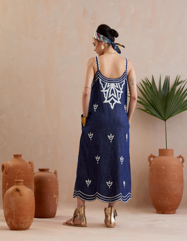 Denim and Ivory Thread Embroidery Midi Dress poplin Buy Denim and Ivory Thread Embroidery Midi Dress from C&W | Dresses for Women by Indian Summer Story in blue color for women in Singapore