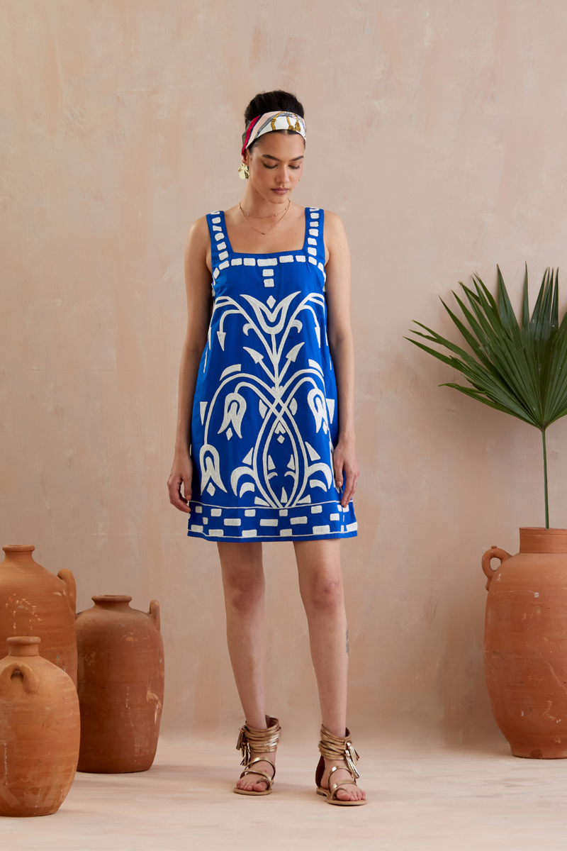 Cobalt Blue and Ivory Thread Embroidery Mini Dress poplin Buy Cobalt Blue and Ivory Thread Embroidery Mini Dress from C&W | Dresses for Women by Indian Summer Story in blue color for women in Singapore