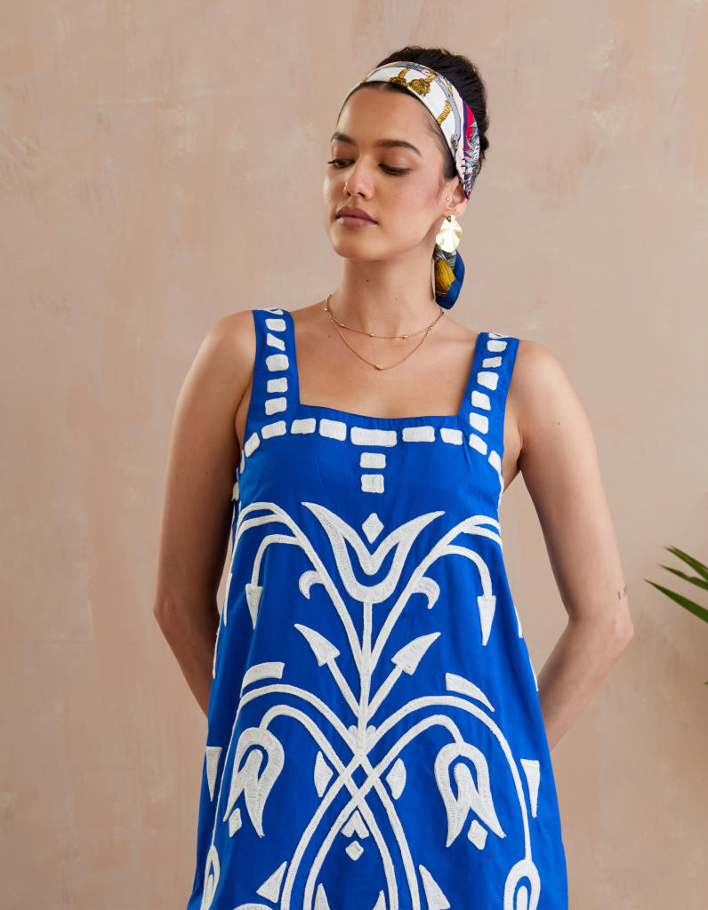 Cobalt Blue and Ivory Thread Embroidery Mini Dress poplin Buy Cobalt Blue and Ivory Thread Embroidery Mini Dress from C&W | Dresses for Women by Indian Summer Story in blue color for women in Singapore