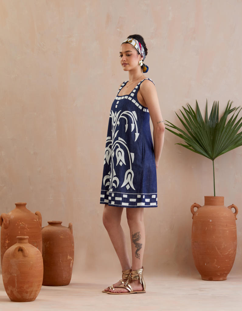 Denim and Ivory Thread Embroidery Mini Dress poplin Buy Denim and Ivory Thread Embroidery Mini Dress from C&W | Dresses for Women by Indian Summer Story in blue color for women in Singapore