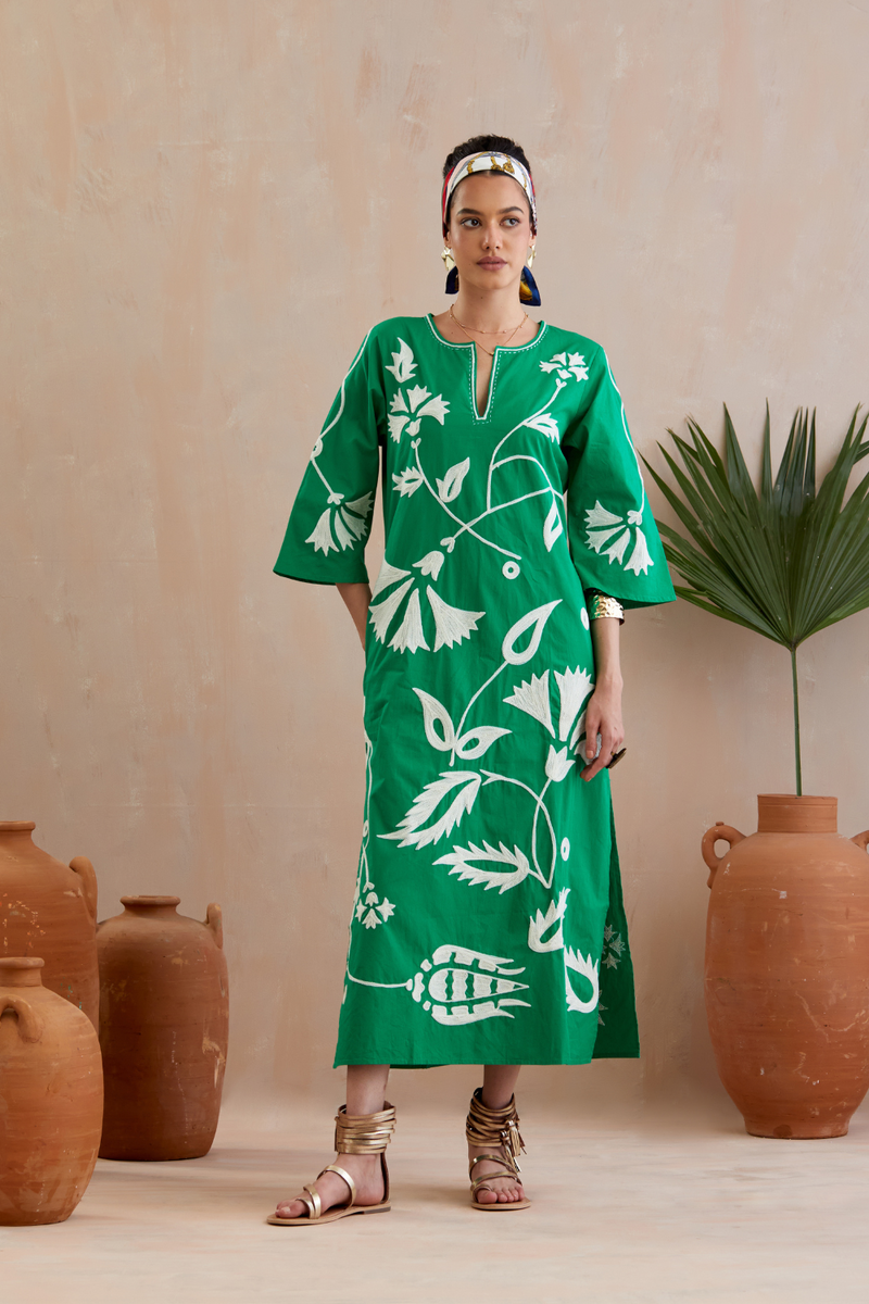 Avocado Green and Ivory Thread Embroidery Maxi Dress poplin Buy Avocado Green and Ivory Thread Embroidery Maxi Dress from C&W | Dresses for Women by Indian Summer Story in green color for women in Singapore