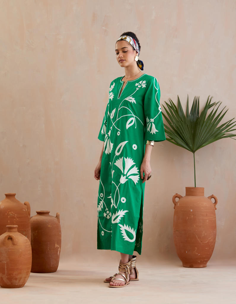 Avocado Green and Ivory Thread Embroidery Maxi Dress poplin Buy Avocado Green and Ivory Thread Embroidery Maxi Dress from C&W | Dresses for Women by Indian Summer Story in green color for women in Singapore