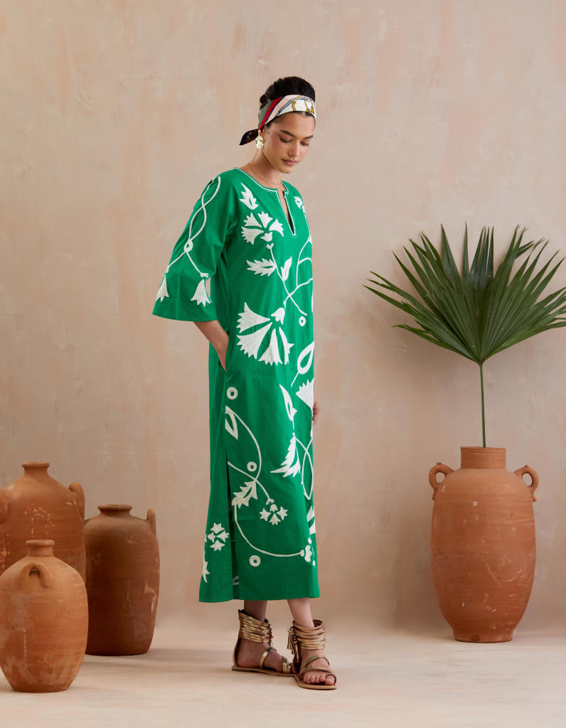 Avocado Green and Ivory Thread Embroidery Maxi Dress poplin Buy Avocado Green and Ivory Thread Embroidery Maxi Dress from C&W | Dresses for Women by Indian Summer Story in green color for women in Singapore