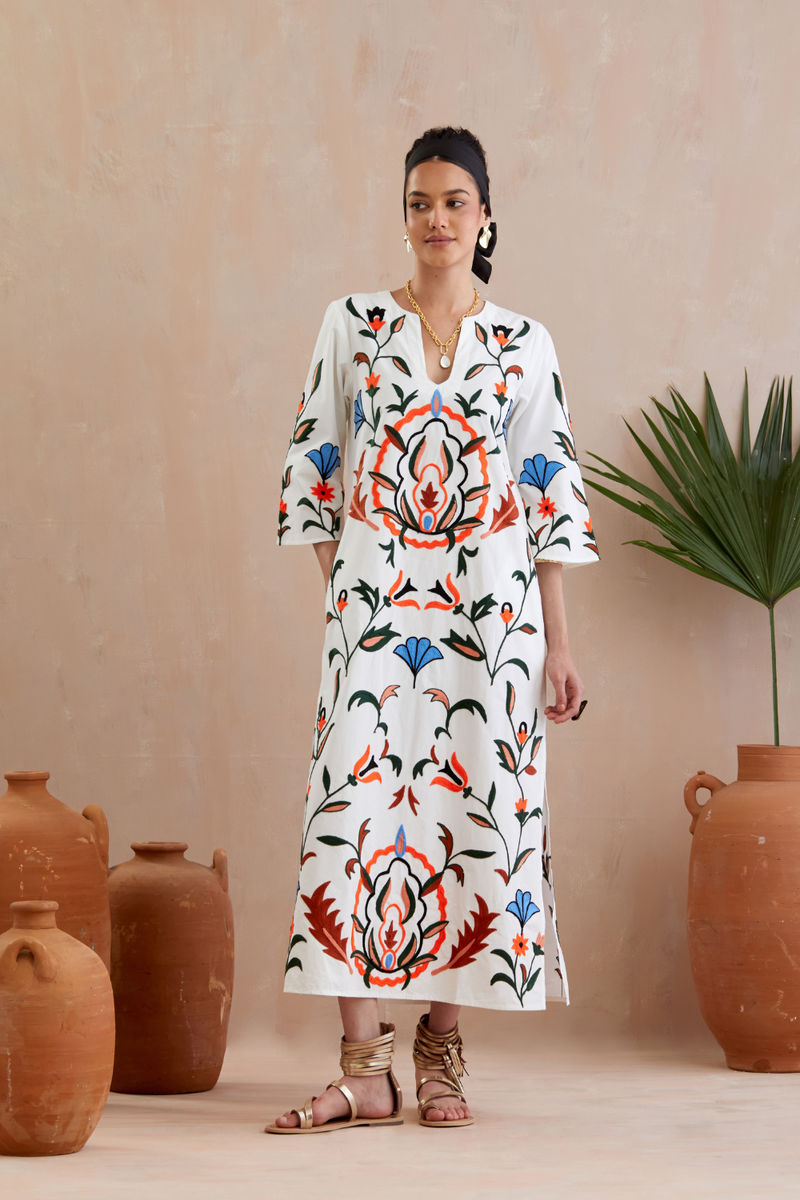 Ivory and Multi Color Thread Embroidery Gardenia Kaftan Dress poplin Buy Ivory and Multi Color Thread Embroidery Gardenia Kaftan Dress from C&W | Dresses for Women by Indian Summer Story in ivory color for women in Singapore