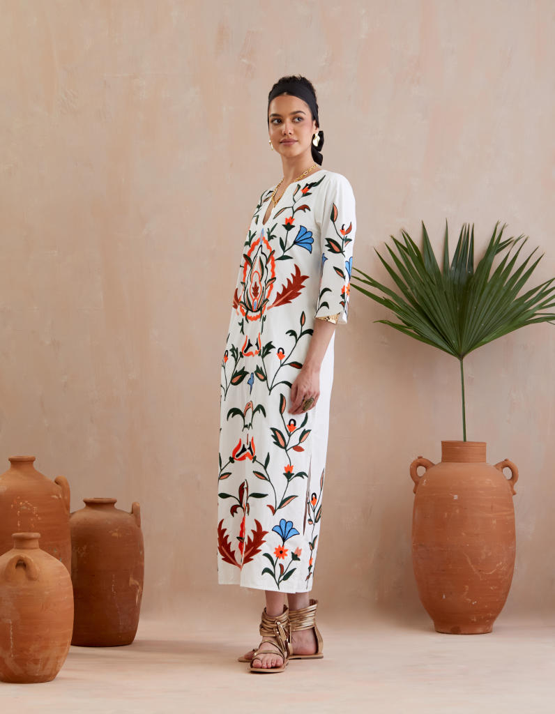 Ivory and Multi Color Thread Embroidery Gardenia Kaftan Dress poplin Buy Ivory and Multi Color Thread Embroidery Gardenia Kaftan Dress from C&W | Dresses for Women by Indian Summer Story in ivory color for women in Singapore