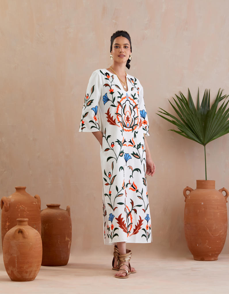 Ivory and Multi Color Thread Embroidery Gardenia Kaftan Dress poplin Buy Ivory and Multi Color Thread Embroidery Gardenia Kaftan Dress from C&W | Dresses for Women by Indian Summer Story in ivory color for women in Singapore