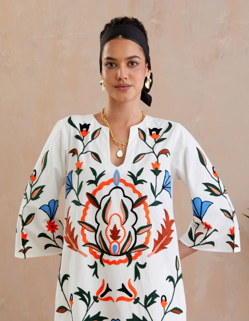 Ivory and Multi Color Thread Embroidery Gardenia Kaftan Dress poplin Buy Ivory and Multi Color Thread Embroidery Gardenia Kaftan Dress from C&W | Dresses for Women by Indian Summer Story in ivory color for women in Singapore