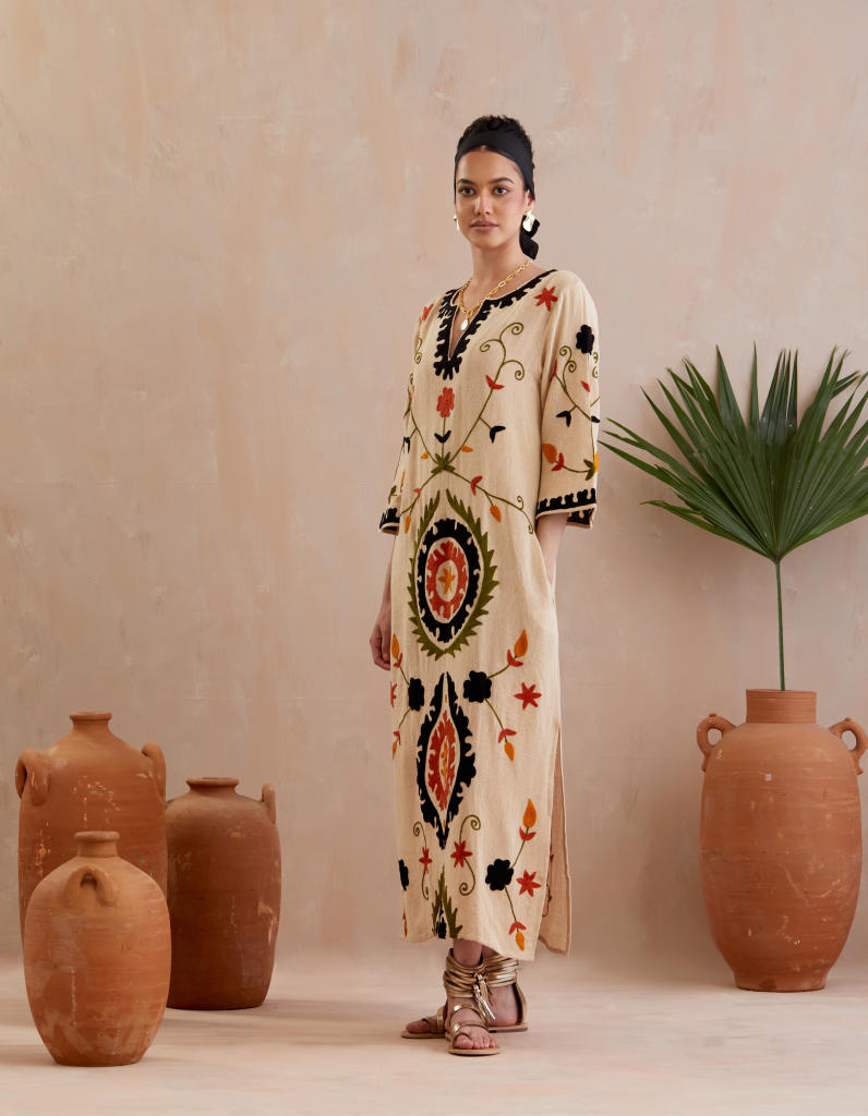 Natural and Multi Color Thread Embroidery Jute Maxi Dress Buy Natural and Multi Color Thread Embroidery Jute Maxi Dress from C&W | Dresses for Women by Indian Summer Story in beige color for women in Singapore