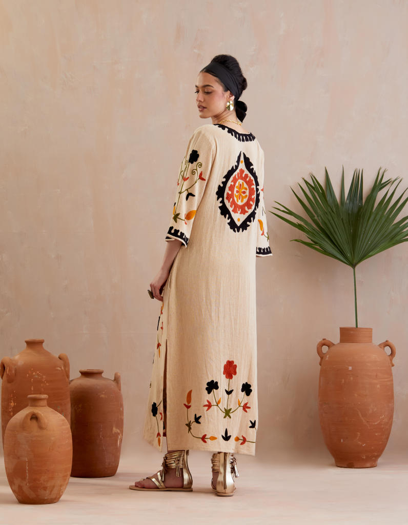 Natural and Multi Color Thread Embroidery Jute Maxi Dress Buy Natural and Multi Color Thread Embroidery Jute Maxi Dress from C&W | Dresses for Women by Indian Summer Story in beige color for women in Singapore