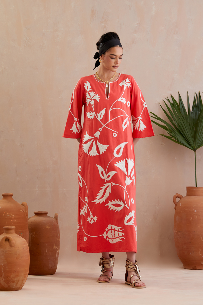 Peach and Ivory Thread Embroidery Maxi Dress poplin Buy Peach and Ivory Thread Embroidery Maxi Dress from C&W | Dresses for Women by Indian Summer Story in peach color for women in Singapore