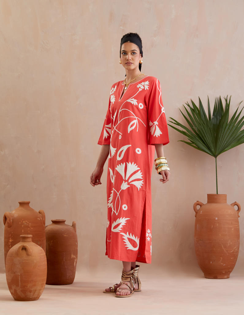 Peach and Ivory Thread Embroidery Maxi Dress poplin Buy Peach and Ivory Thread Embroidery Maxi Dress from C&W | Dresses for Women by Indian Summer Story in peach color for women in Singapore