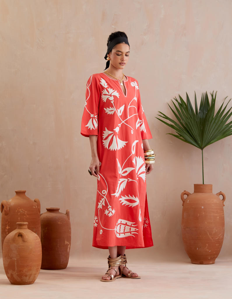 Peach and Ivory Thread Embroidery Maxi Dress poplin Buy Peach and Ivory Thread Embroidery Maxi Dress from C&W | Dresses for Women by Indian Summer Story in peach color for women in Singapore