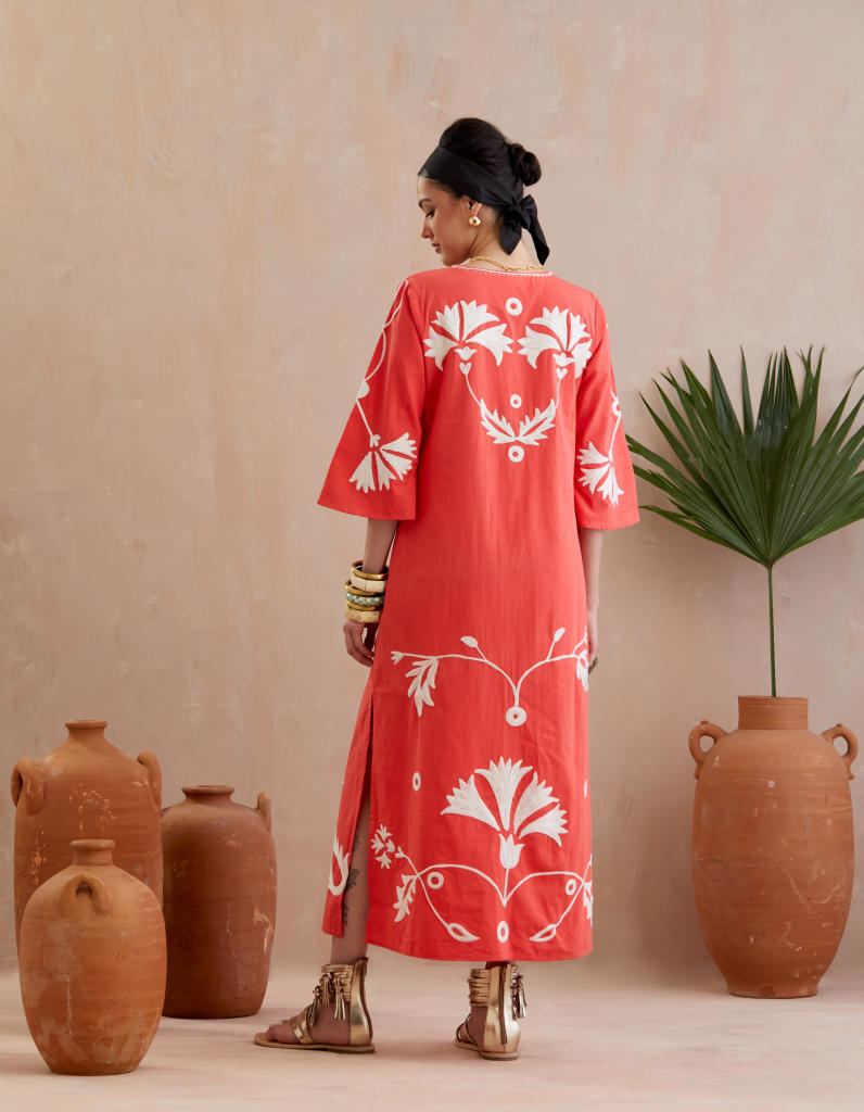 Peach and Ivory Thread Embroidery Maxi Dress poplin Buy Peach and Ivory Thread Embroidery Maxi Dress from C&W | Dresses for Women by Indian Summer Story in peach color for women in Singapore