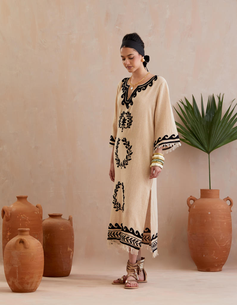 Natural and Black Thread Embroidery Jute Maxi Dress Buy Natural and Black Thread Embroidery Jute Maxi Dress from C&W | Dresses for Women by Indian Summer Story in beige color for women in Singapore