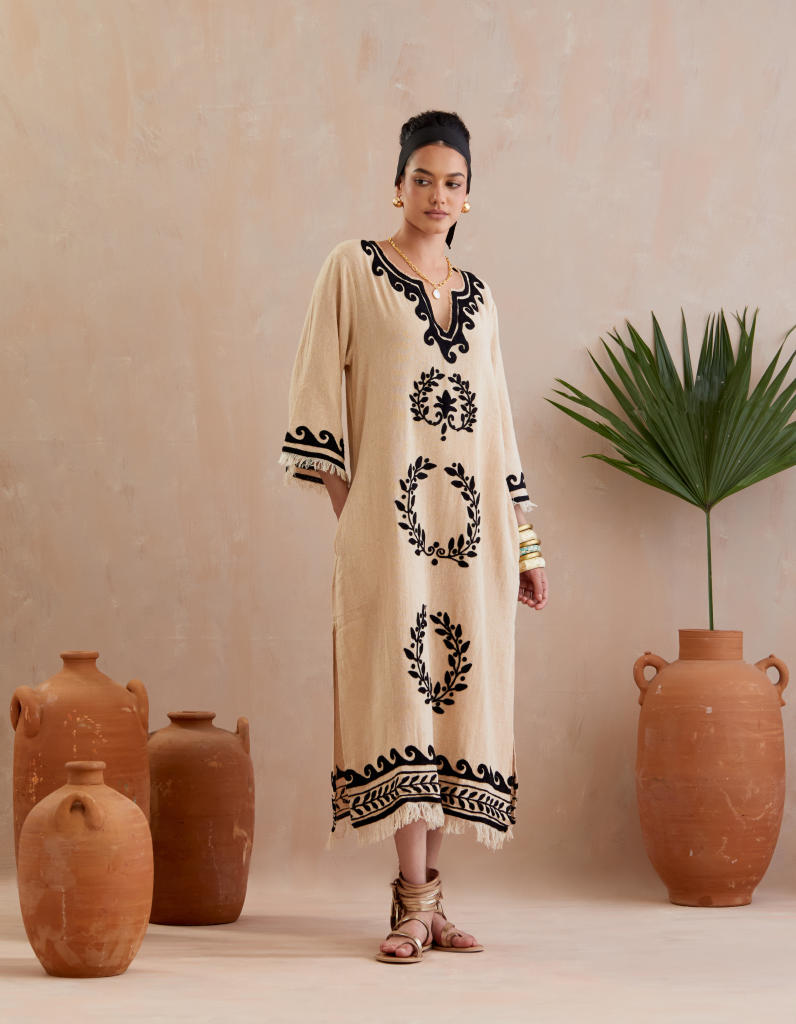 Natural and Black Thread Embroidery Jute Maxi Dress Buy Natural and Black Thread Embroidery Jute Maxi Dress from C&W | Dresses for Women by Indian Summer Story in beige color for women in Singapore