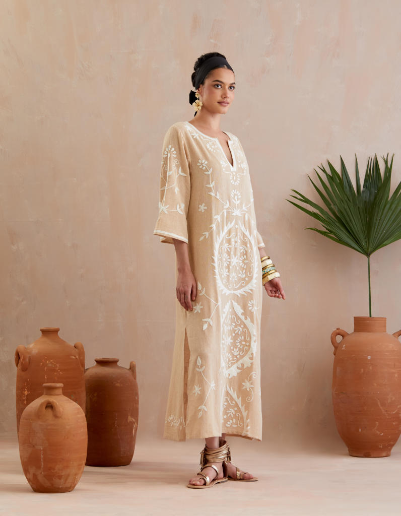 Natural and Ivory Thread Embroidery Jute Maxi Dress Buy Natural and Ivory Thread Embroidery Jute Maxi Dress from C&W | Dresses for Women by Indian Summer Story in beige color for women in Singapore