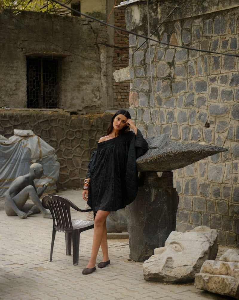 KUMUDA BALLOON APPLIQUE SILK DRESS silk Buy KUMUDA BALLOON APPLIQUE SILK DRESS from C&W | Dresses for Women by Ituvana in black color for women in Singapore