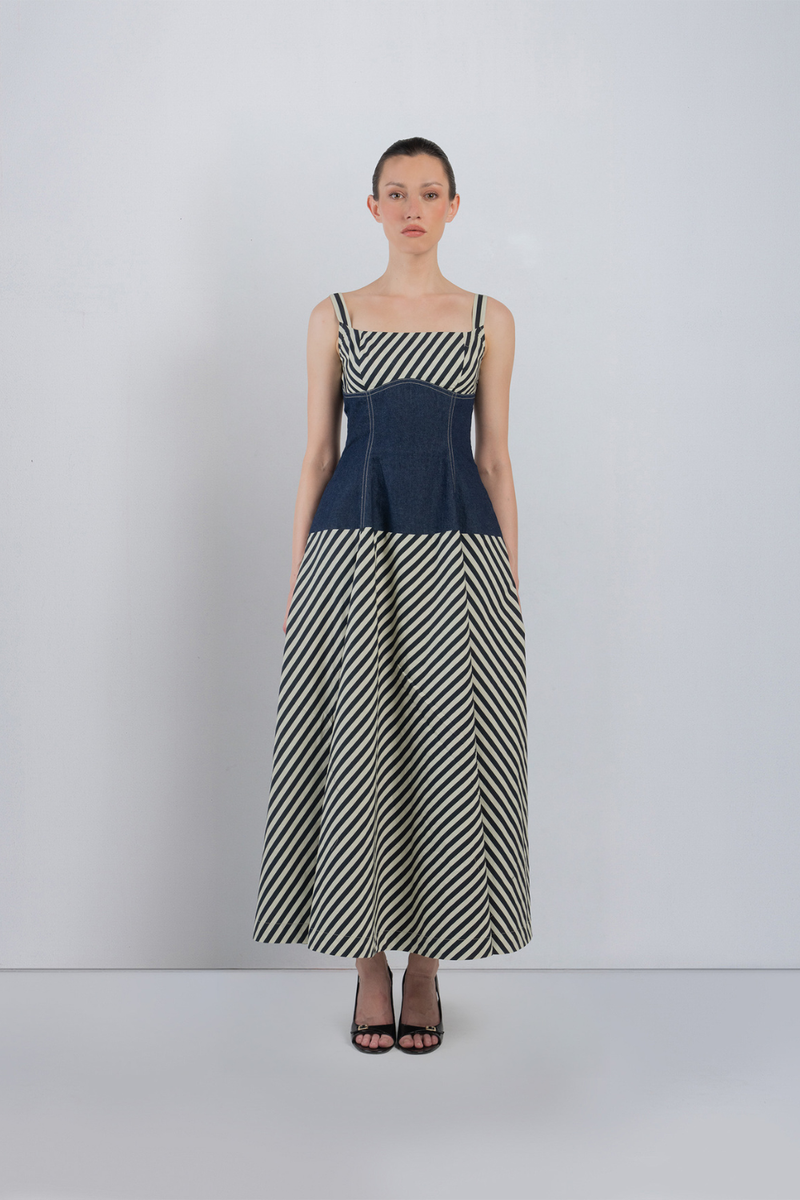 IVITSA DRESS - Denim Blue + Black/White Stripes dress by Leh Studios in blue for women in Singapore