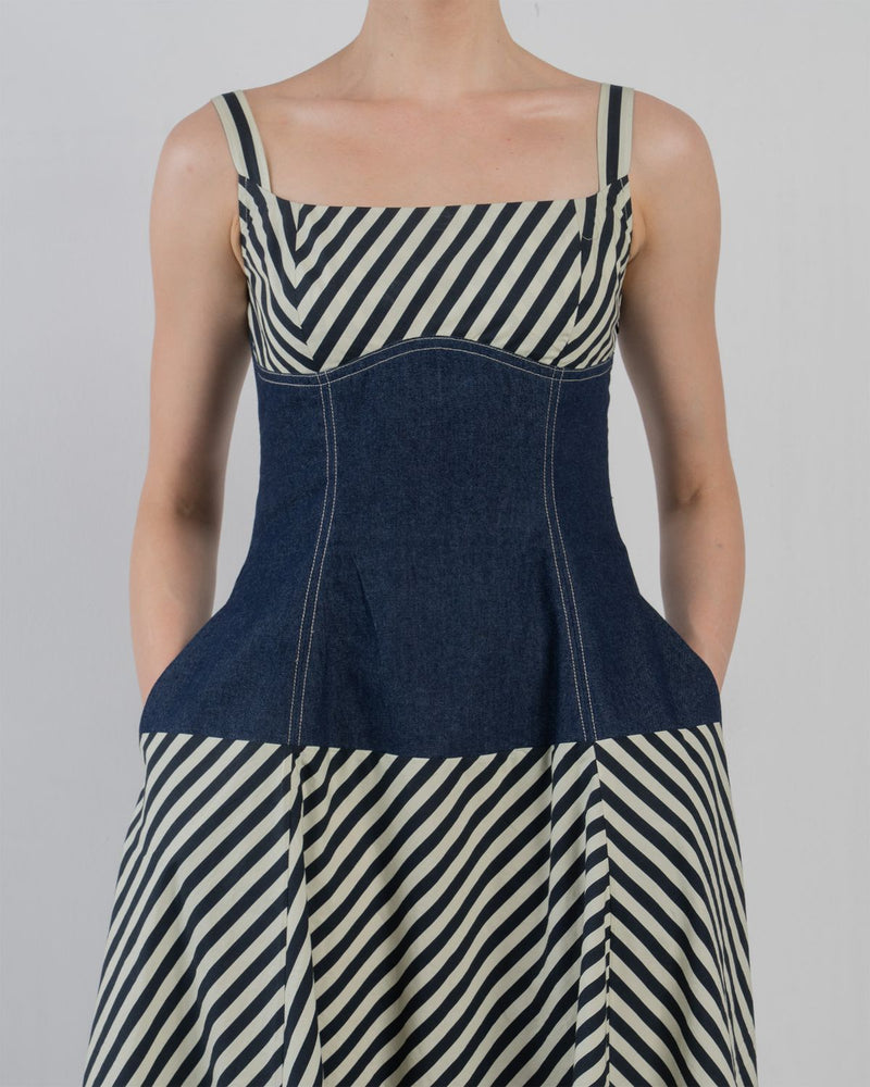 IVITSA DRESS - Denim Blue + Black/White Stripes dress by Leh Studios in blue for women in Singapore