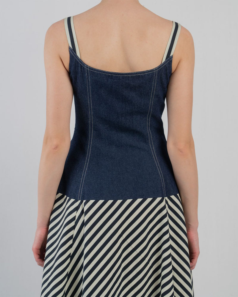 IVITSA DRESS - Denim Blue + Black/White Stripes dress by Leh Studios in blue for women in Singapore