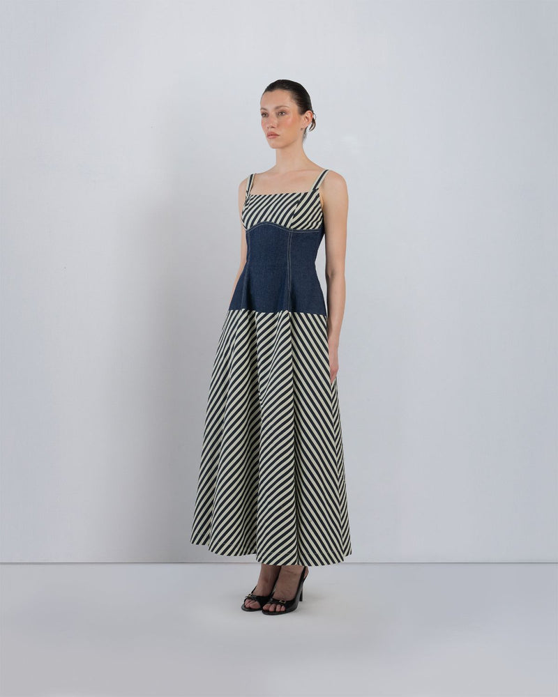IVITSA DRESS - Denim Blue + Black/White Stripes dress by Leh Studios in blue for women in Singapore