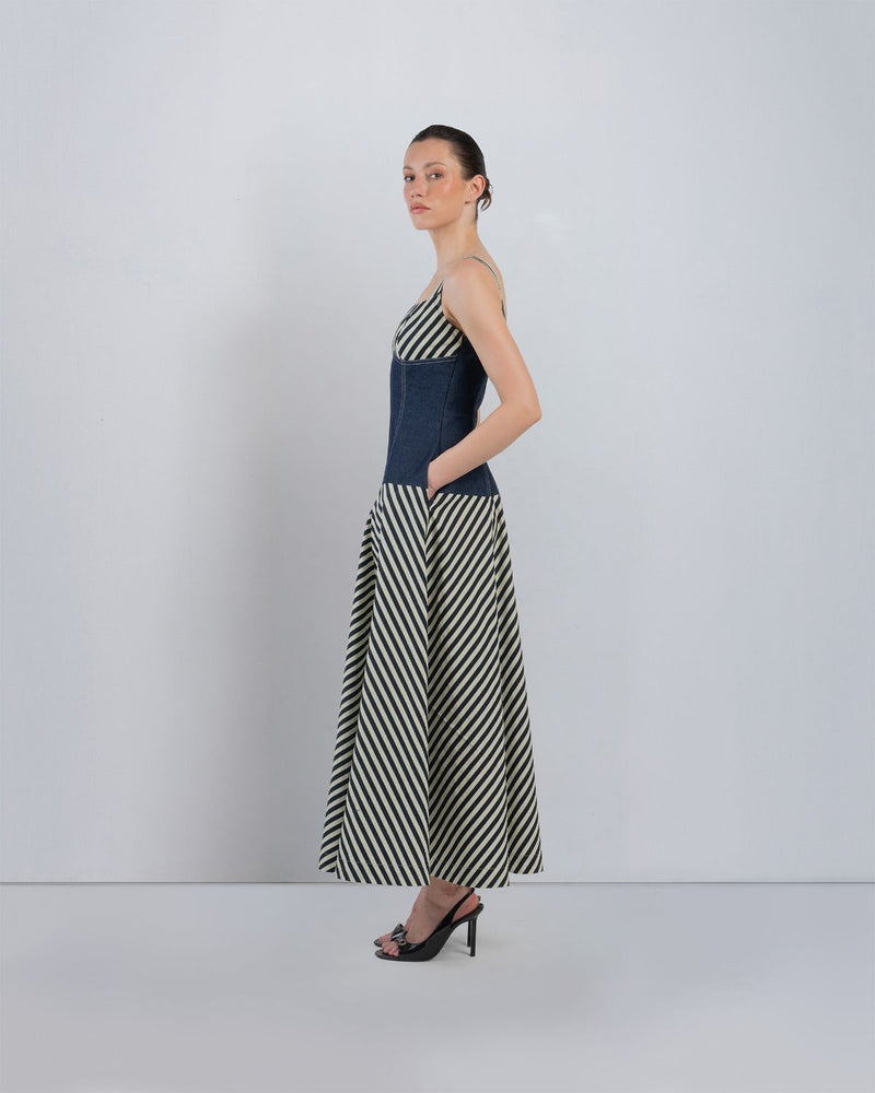 IVITSA DRESS - Denim Blue + Black/White Stripes dress by Leh Studios in blue for women in Singapore
