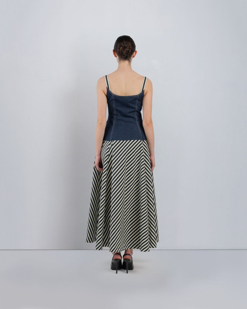IVITSA DRESS - Denim Blue + Black/White Stripes dress by Leh Studios in blue for women in Singapore