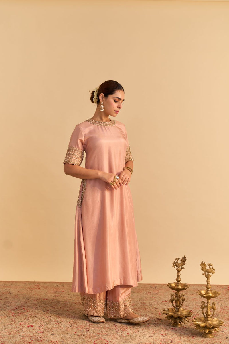 Ilana Off rose Silk Dabka Zardozi Embroidered Kurta Set by SHEETAL BATRA for women in Singapore
