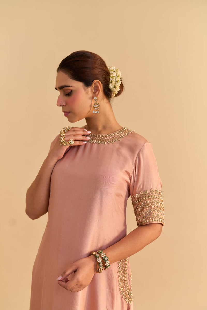 Ilana Off rose Silk Dabka Zardozi Embroidered Kurta Set by SHEETAL BATRA for women in Singapore